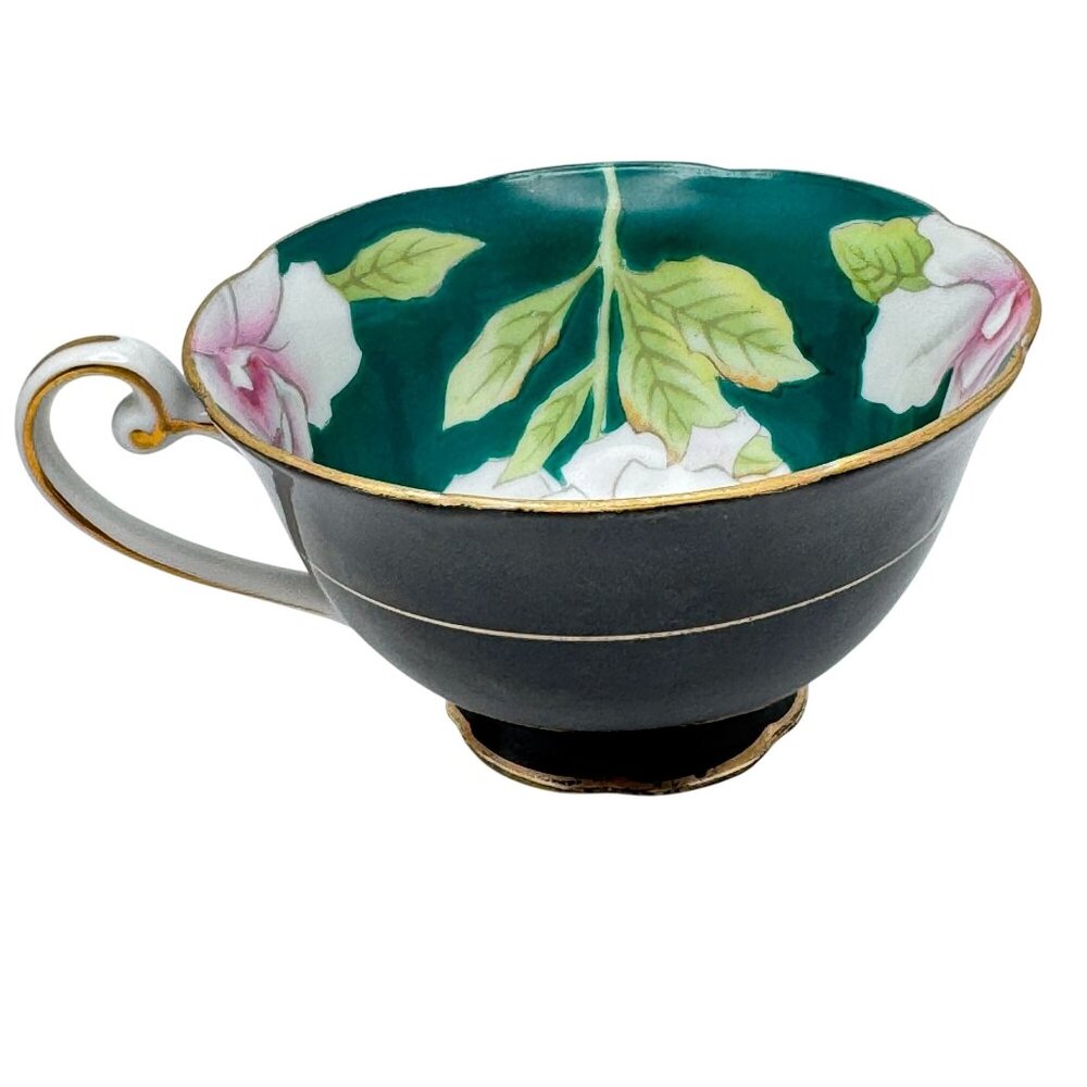 Wako Occupied Japan Floral Teacup Green/Gold Trim 1940s Antique Vtg